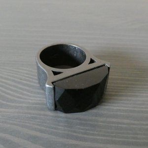 Signed KC Punk Geometric Chunky Statement Ring Heavy Metal w/Black Stone Sz 7.5